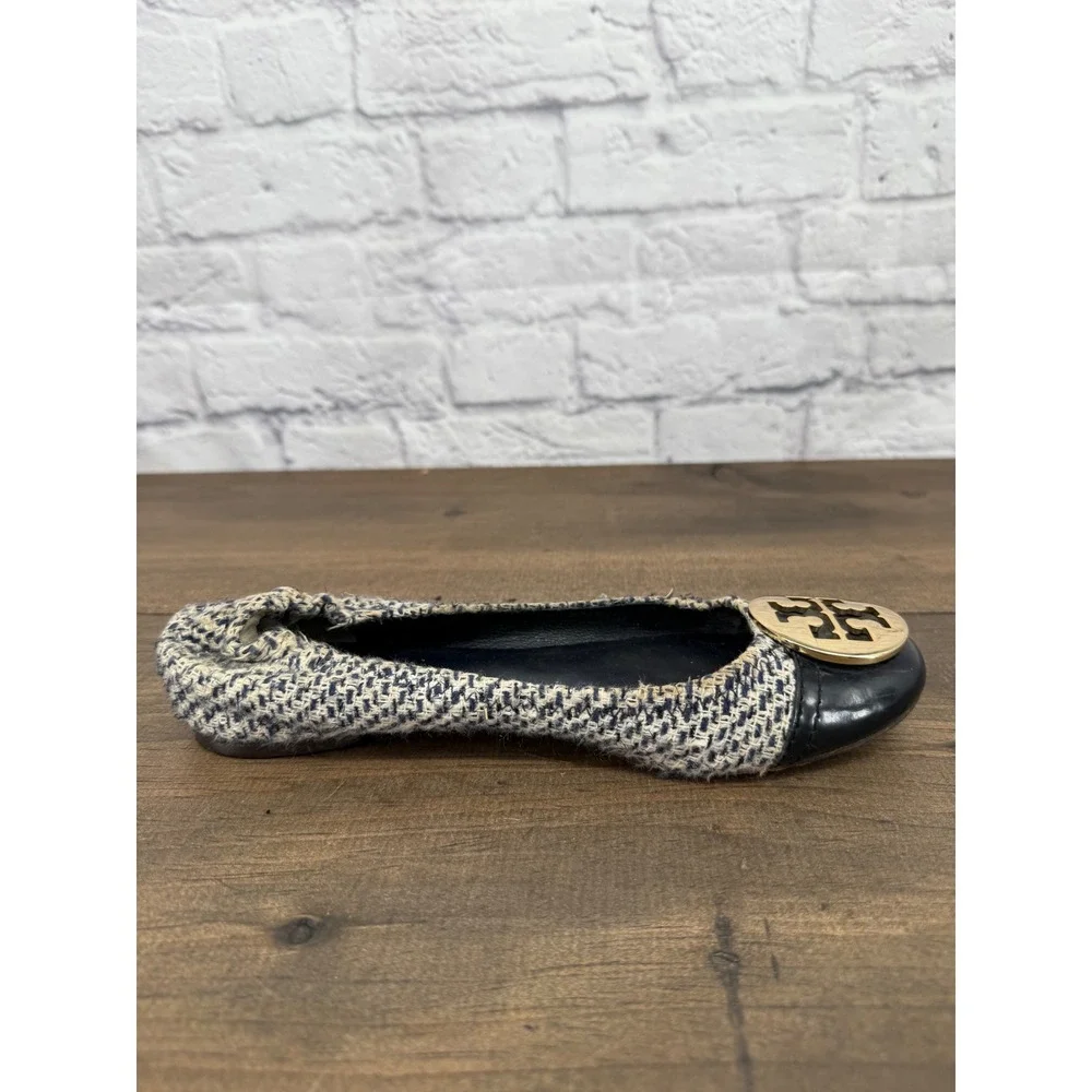Tory Burch Reva Tweed Ballet Flats Blue Ivory Gold Logo Cap Toe Size 7